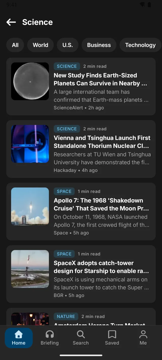 The tl;dr app on an Android phone in dark mode, showing the Science feed