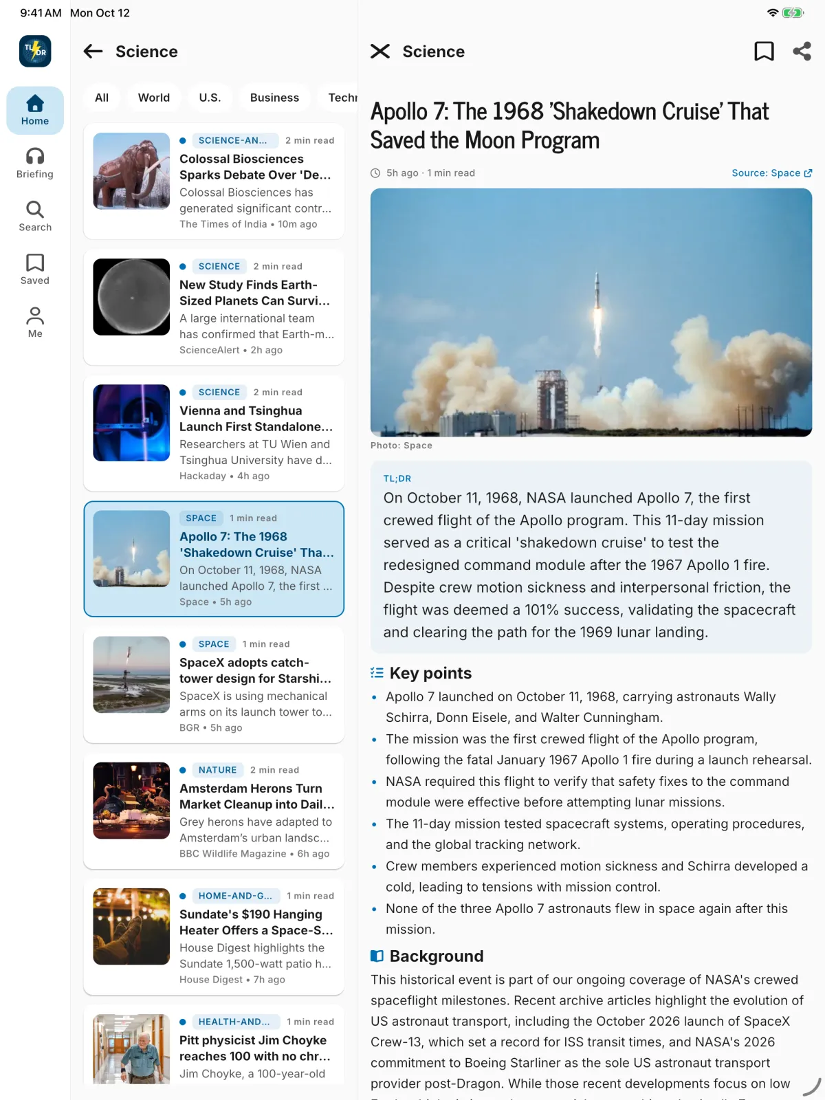 The tl;dr app on iPad with the story feed on the left and the full story on the right