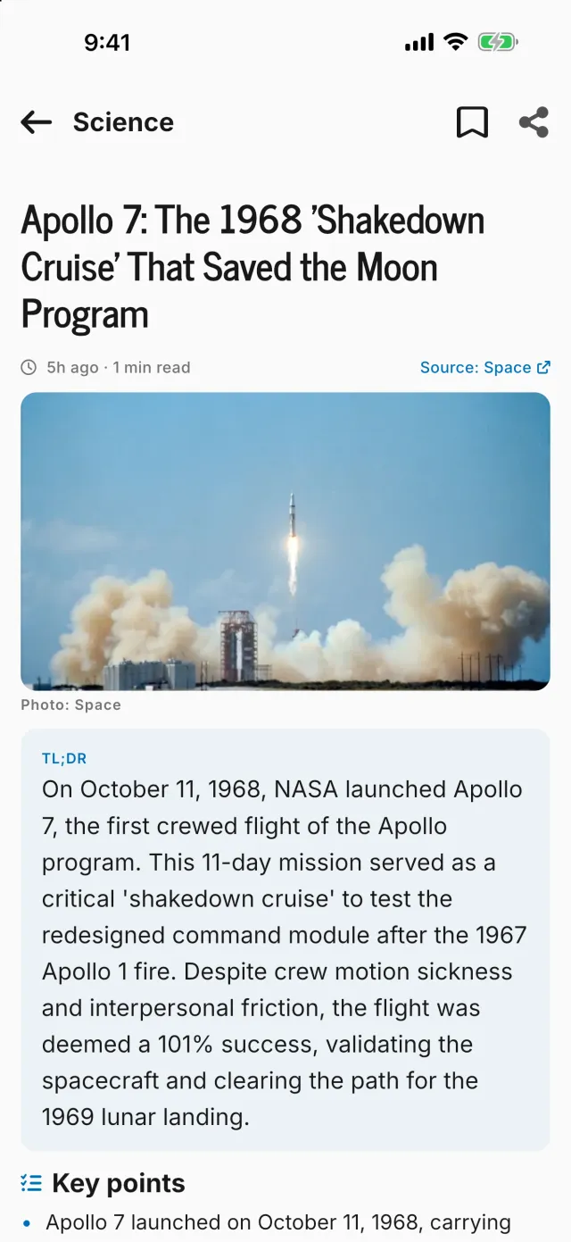 A story in the tl;dr app with its TL;DR summary and key points
