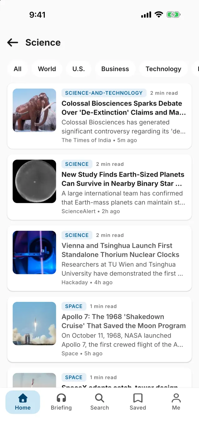 The tl;dr app on iPhone showing a feed of summarized Science stories