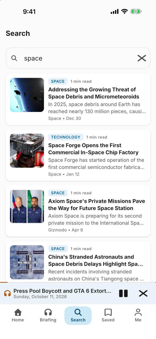 Searching for "space" in the tl;dr app while the Daily Briefing plays in the mini player