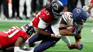 Falcons rookie LB Kendal Daniels hospitalized after helmet-to-knee collision with Bears