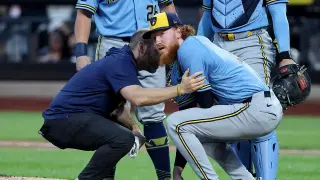 Brewers Ace Dustin May Exits After One Pitch Following 106 mph Line Drive Impact