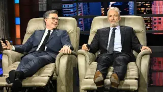 Jon Stewart Bids Colbert Farewell With Recliners and Andra Day Performance