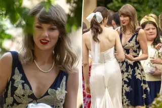 Swift stuns in navy tulle at UK wedding of studio collaborators