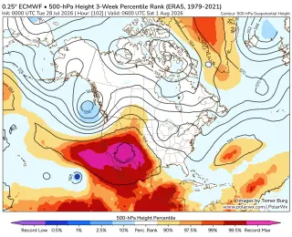 Western Ridge Triggers Dual Southwest Heatwave Extending Into August as SoCal Remains Humid from Warm Seas