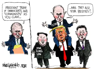 Luckovich cartoon lampoons Trump-Kim-Putin bromance