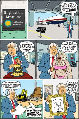 Museums under a satirical spotlight in ‘Blight at the museums’ cartoon