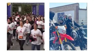Tehran’s split morning: unveiled runners beside a hijab-clad regime display
