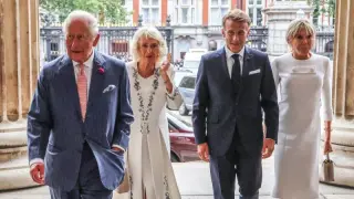 Macron couple sits in for royal tour of the Bayeux Tapestry at the British Museum