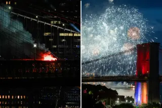 Fire briefly flares on Brooklyn Bridge during Macy’s Fourth of July fireworks