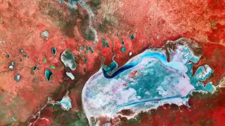 Satellite imagery reveals Namibia's Etosha Pan as a surreal, false-color landscape