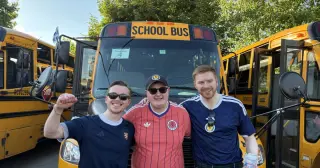 Yellow school buses spark a World Cup road party for Scotland fans in New England