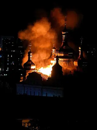 Kyiv’s ancient Lavra ablaze as Russia strikes the capital with missiles