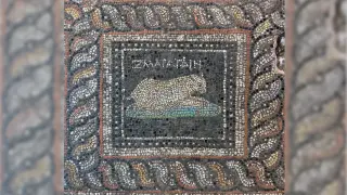 Emerald the cat and Ocean the dog immortalized in a Roman mosaic from Adramytteion, Turkey