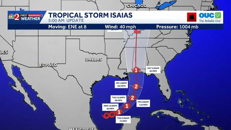 Tropical Storm Isaias forms in Gulf, set to strengthen into first 2026 hurricane