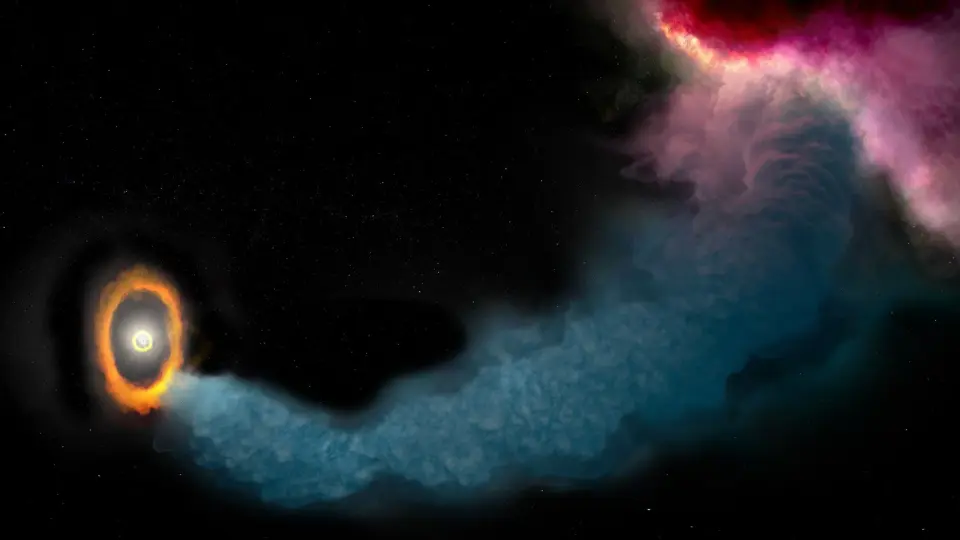 Giant gas river tilts planet-forming disk around GW Orionis