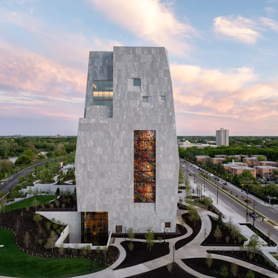 Granite-clad tower anchors the Obama Presidential Center in Chicago