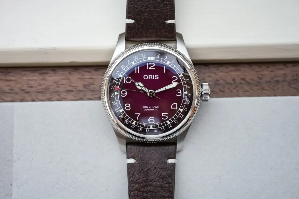 Oris Launches Burgundy Dial Big Crown Pilot Watch with Cervo Volante Deer Hide Strap