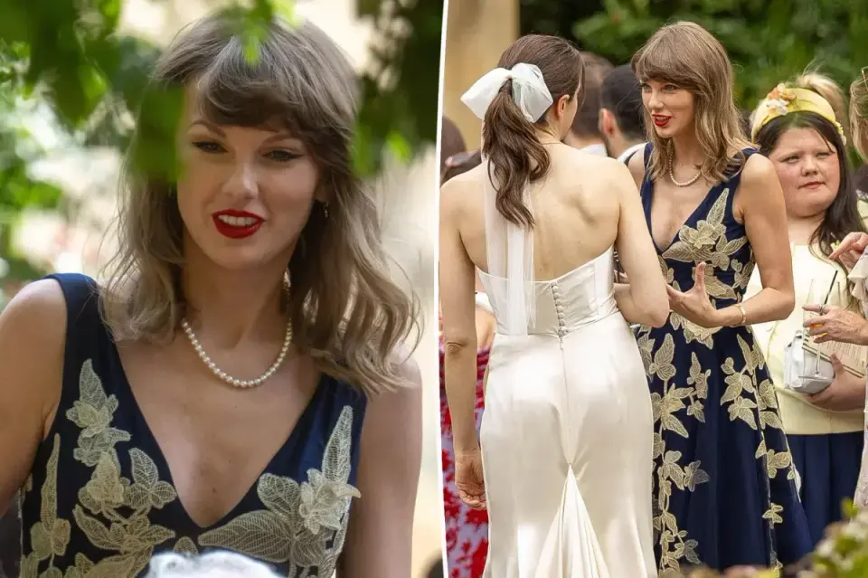 Swift stuns in navy tulle at UK wedding of studio collaborators