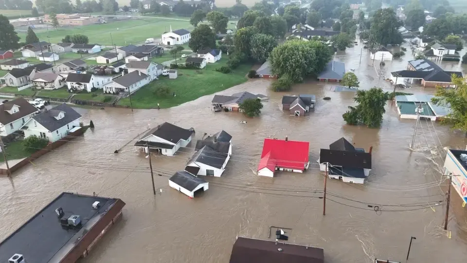 Drone footage shows Connersville downtown swamped by Whitewater River floods