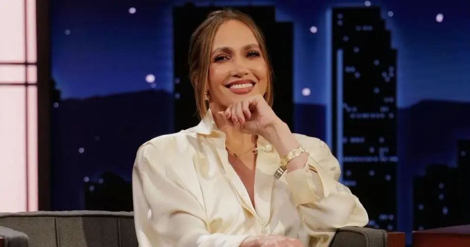 JLo Stuns in a Bold Unbuttoned Silk Blouse on Jimmy Kimmel Live