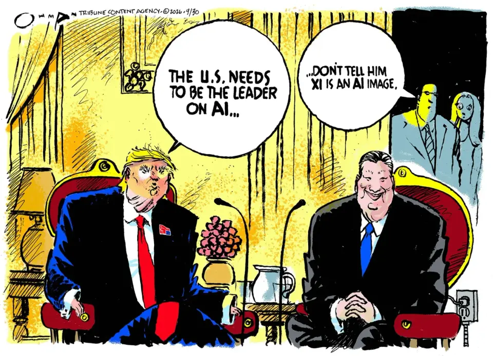 Jack Ohman’s Cartoon Critiques U.S.-China AI Leadership Dynamics