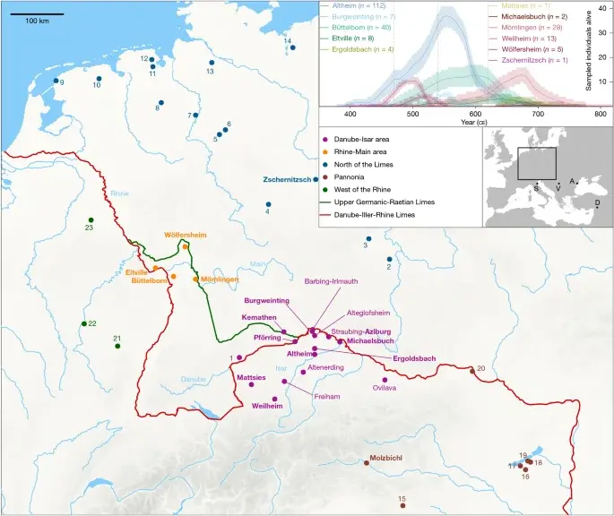 Genomic reshaping of the Roman frontier in Germany, 400–700 CE