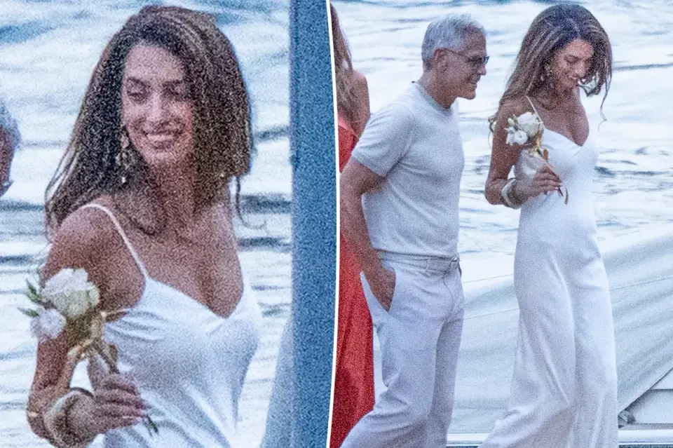 Amal Clooney Stuns in White Silk Slip on Lake Como Date Night with George