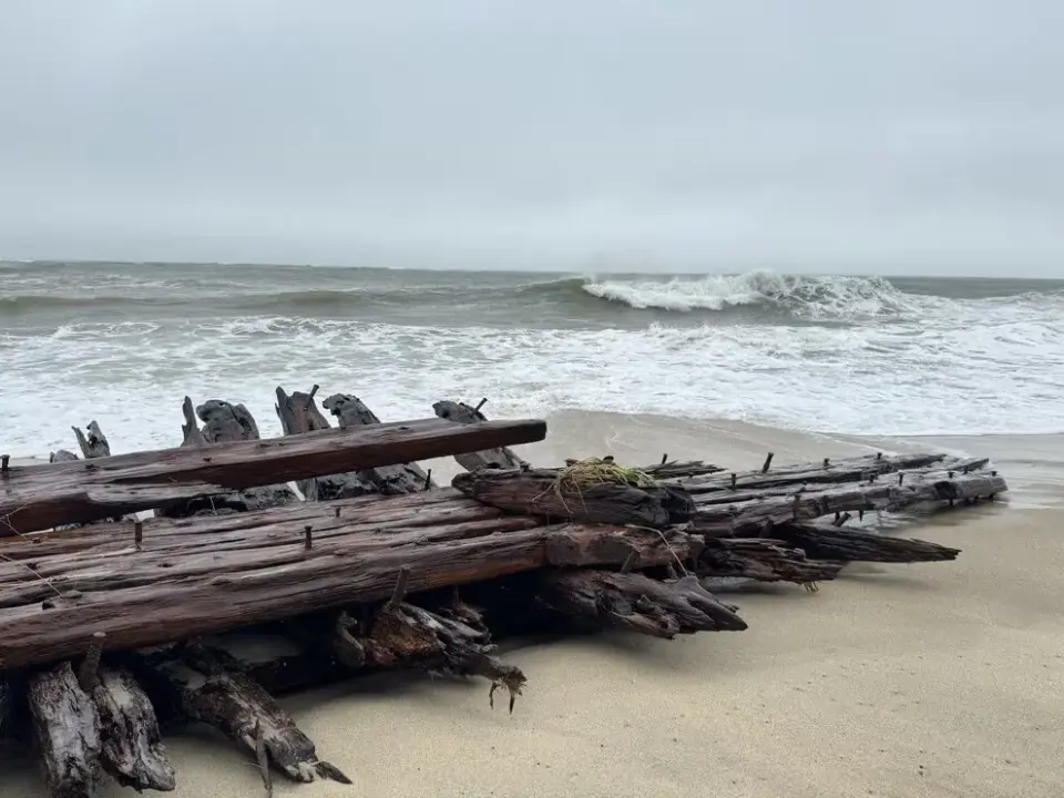Nor'easter washes 1884 schooner Warren Sawyer fragments onto Nantucket shore