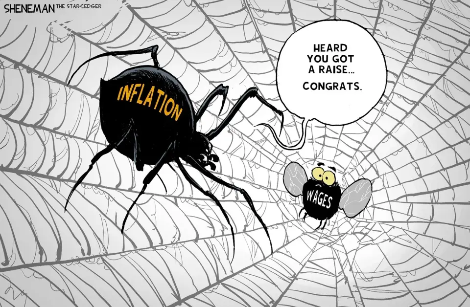 Cartoon Satirizes Wage Stagnation Amid Rising Costs