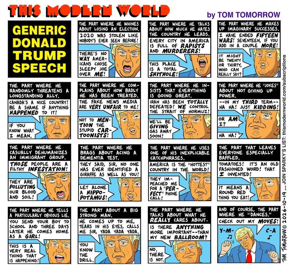 Tom Tomorrow’s Cartoon Satirizes Trump’s Generic Rhetoric Amidst Midterm Turmoil