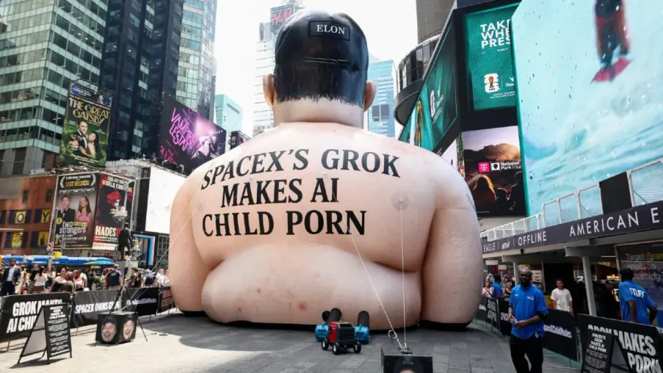 Gigantic Times Square Inflatable Musk Takes Aim at AI Hype and SpaceX IPO