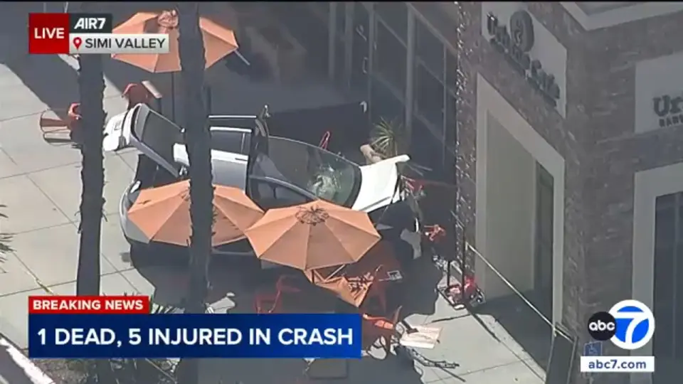 Tesla slams into Simi Valley cafe patio, 1 dead and 5 injured