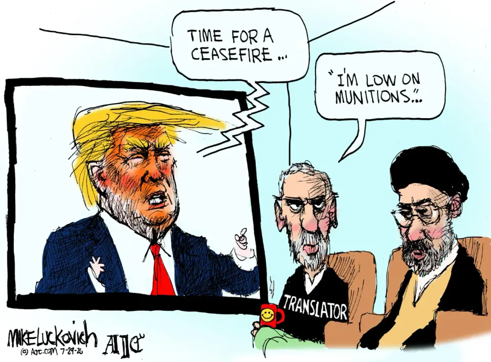 Luckovich cartoon skewers Trump’s Iran war talk and munition crunch