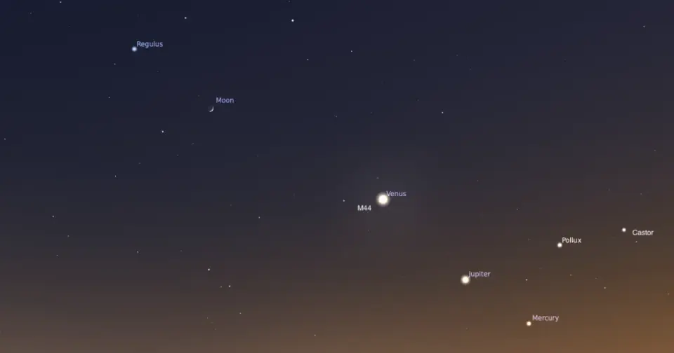 Moon in Leo’s Sickle, Venus Near Beehive; Saturn Pre-Dawn Show