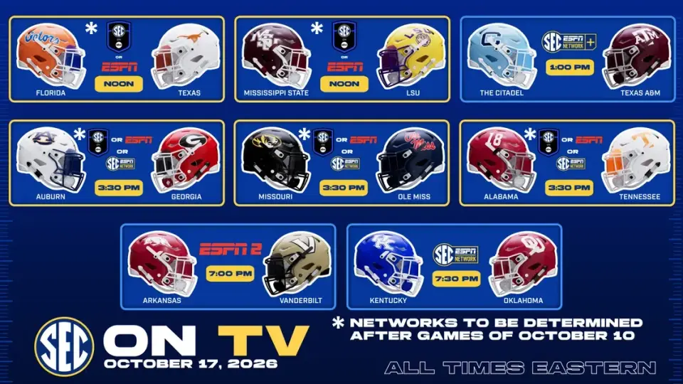 SEC Sets Week 7 Slate: Florida-Texas and Alabama-Tennessee Headline Oct. 17